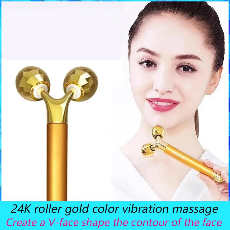 3d roller gesichts schönheit gerät, 24k roller gold farbe, vibrations massage, schaffen v-gesicht, aa batterie ML-067-DC