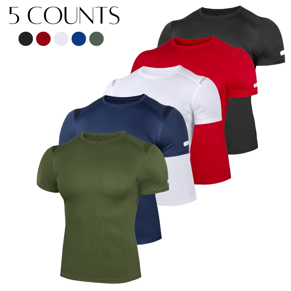 5 Pack Men‘s Solid Crew Neck Short Sleeve T Shirts Reflective Cuff Quick Dry Moisture Wicking Gym Running Athletic Workout Tops