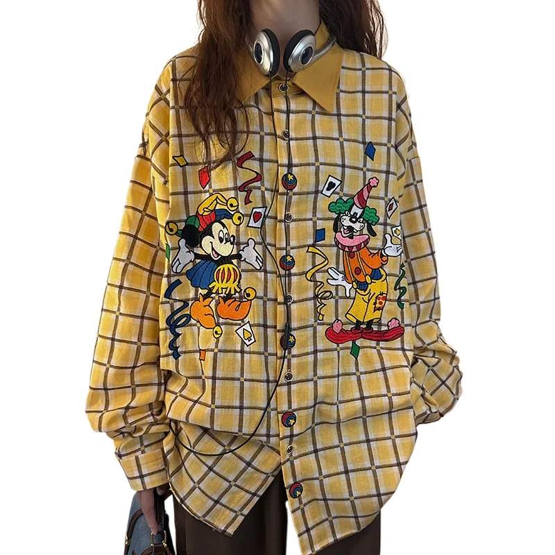 Japanese Retro Cartoon Embroidered Plaid Long-sleeved Shirt Women 2024 Spring Autumn Loose Lapel Single-breasted Cotton Tops