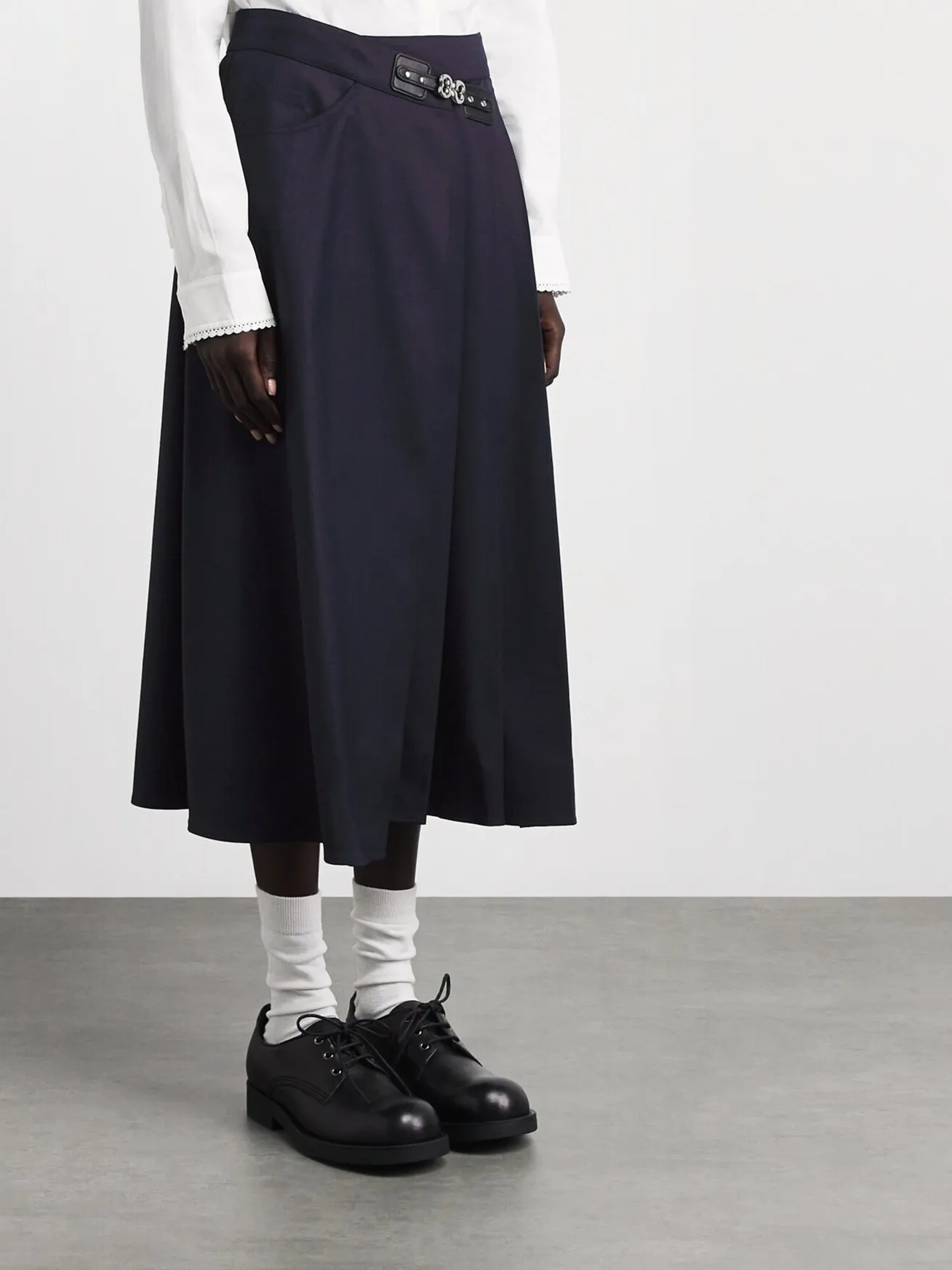 Naval Blue Asymmetric Pleated High Waist Commuter Midi Skirt Women's Metal Buckle A-Line Half Skirt Elegant Drapey