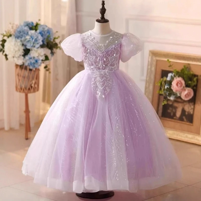 

Фиолетовое платье принцессы, модное пышное тюлевое пышное платье для девочек, сценическое представление, детский день рождения, вечеринка с цветочным узором для девочек, свадьба