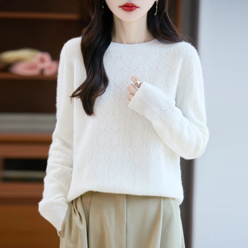 Sweter damski ze 100% wełny merino, dzianina z okrągłym dekoltem, kaszmirowy pulower, jesienno-zimowy, długi rękaw, ażurowy, wygodny, odzież, topy