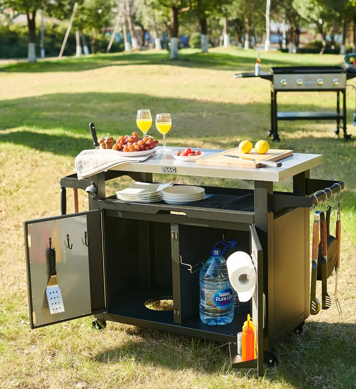 NUUK Pro 42-Inch Rolling Outdoor Kitchen Island and BBQ Serving Cart, with Heavy Duty Wooden Cutting Board and Propane Tank Hold