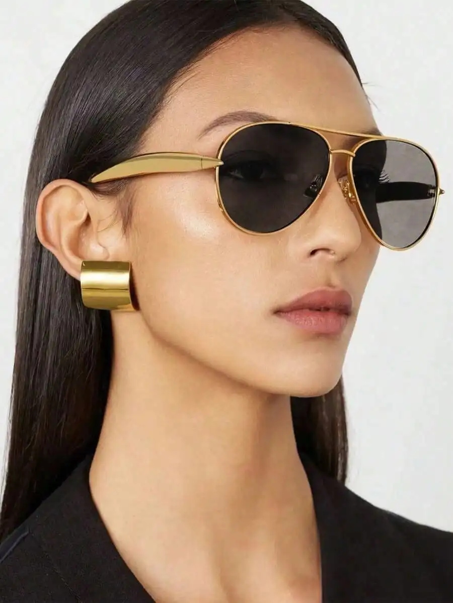 

Large Frame Double Beam Metal Aviator Sunglasses Gold Frame Brown Gray Lens Fashion Street Punk