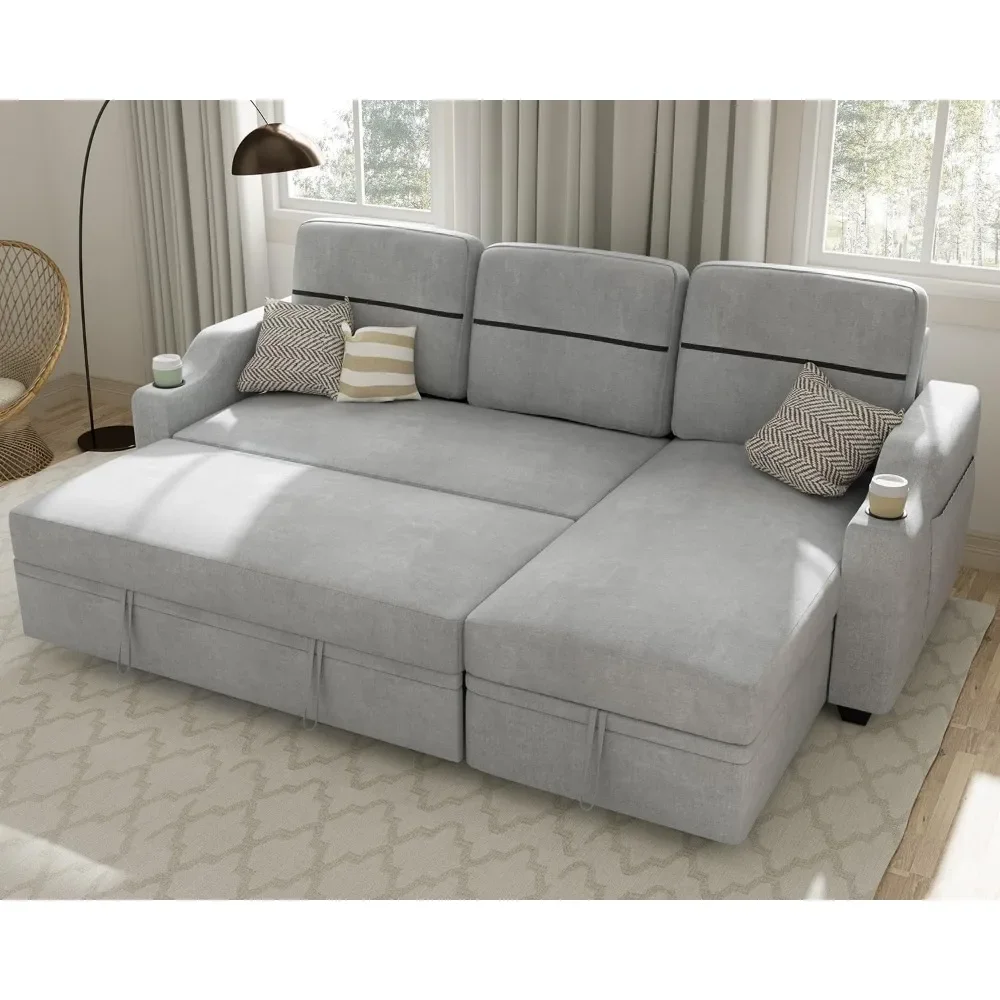 

Sectional Sofa Couch, with Reversible Storage Chaise Pull Out Couch for Living Room | Side Pocket , 82" Sleeper Sofa Bed