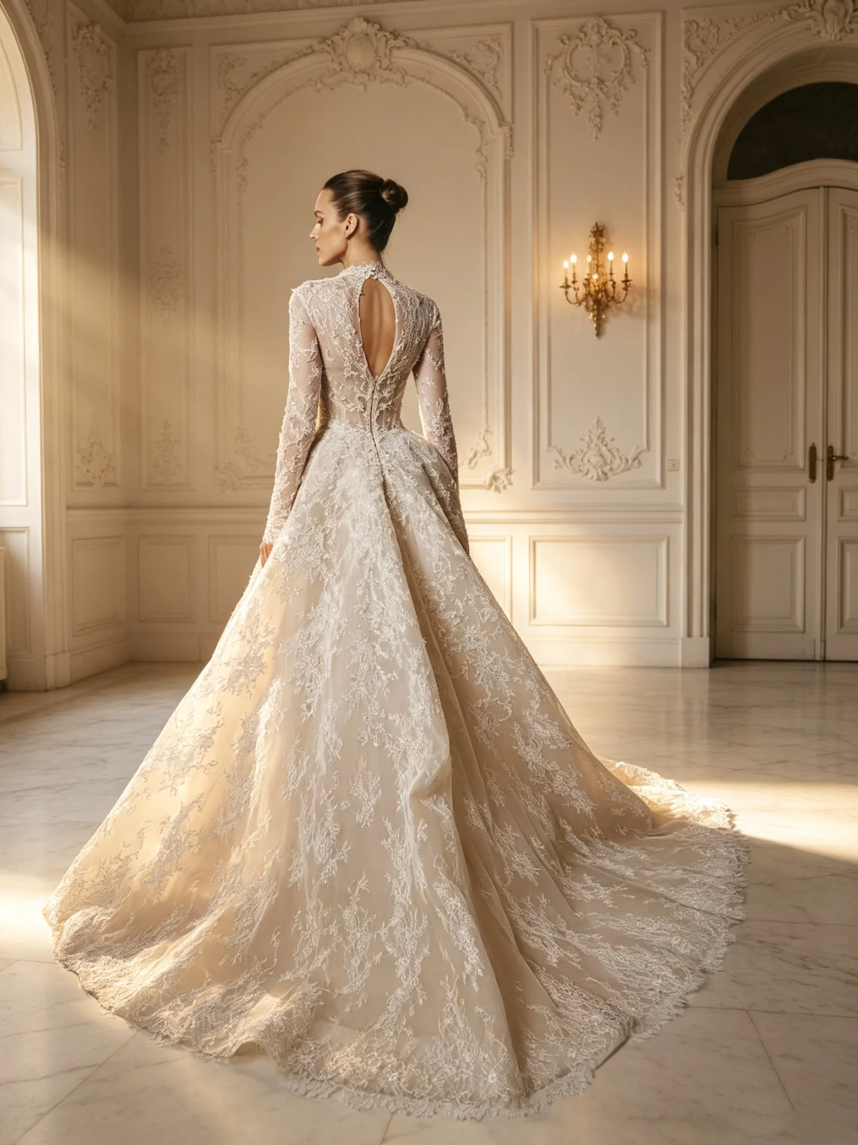 High Neck Long Sleeve Lace Wedding Dress Keyhole Back Ballgown Sweep Train Vintage BridalGown Custom Plus Size Vestidos De Novia