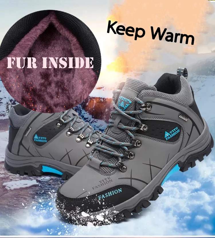 Winter Warm Cotton Shoes Men Outdoor Leather Black Casual Shoes Fur Sneakers High Top Rubber Ankle Boots Male Hiking Trekking 46