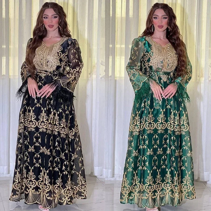 

Dubai Gold Floral Embroidery Sequins Feathers Patchwork Long Sleeve V Collar Ethnic Party Gown with Sashes Eid Al-Adha Vestidos