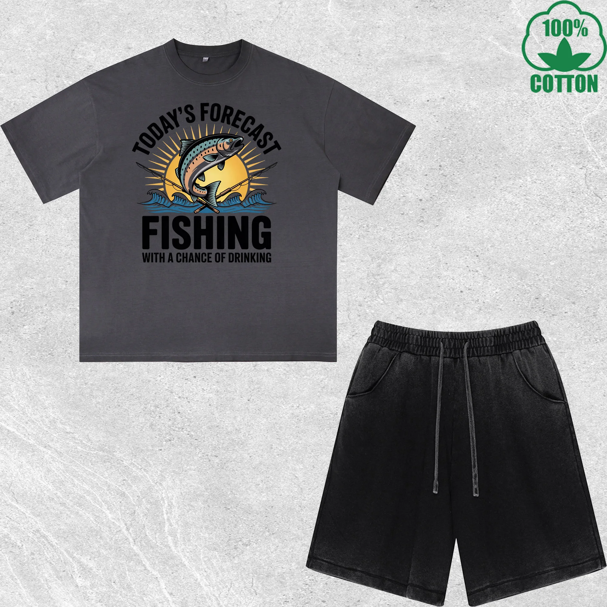 

Fishing Chance Printed Dirty Wash T-Shirt Shorts Set Multicolor Combo Loose Trendy Fashionable 100%Cotton