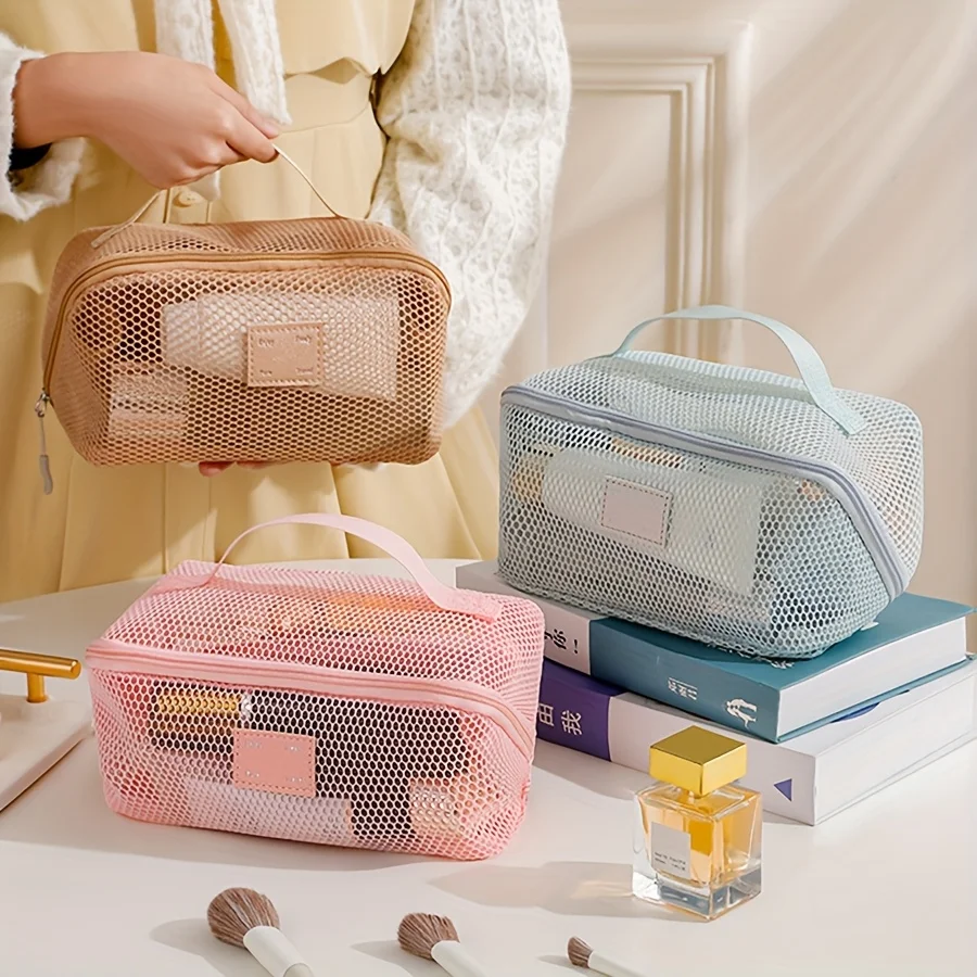 대용량 메쉬 화장품 가방-투명, 여성용 다기능 메이크업 주최자, 지퍼가 달린 휴대용 보관 주머니