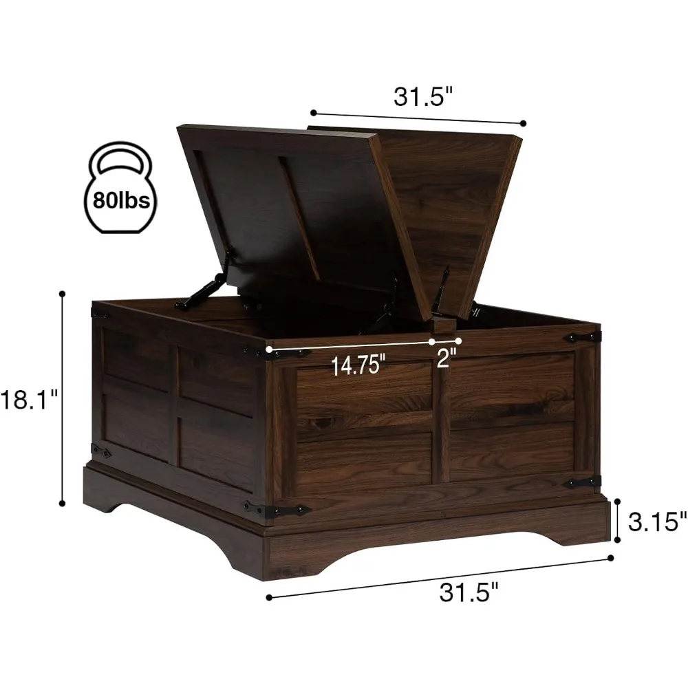 Farmhouse Coffee Table with Hinged Lift Top and Large Hidden Storage Compartment, Rustic Square Wood Central Table for Living R