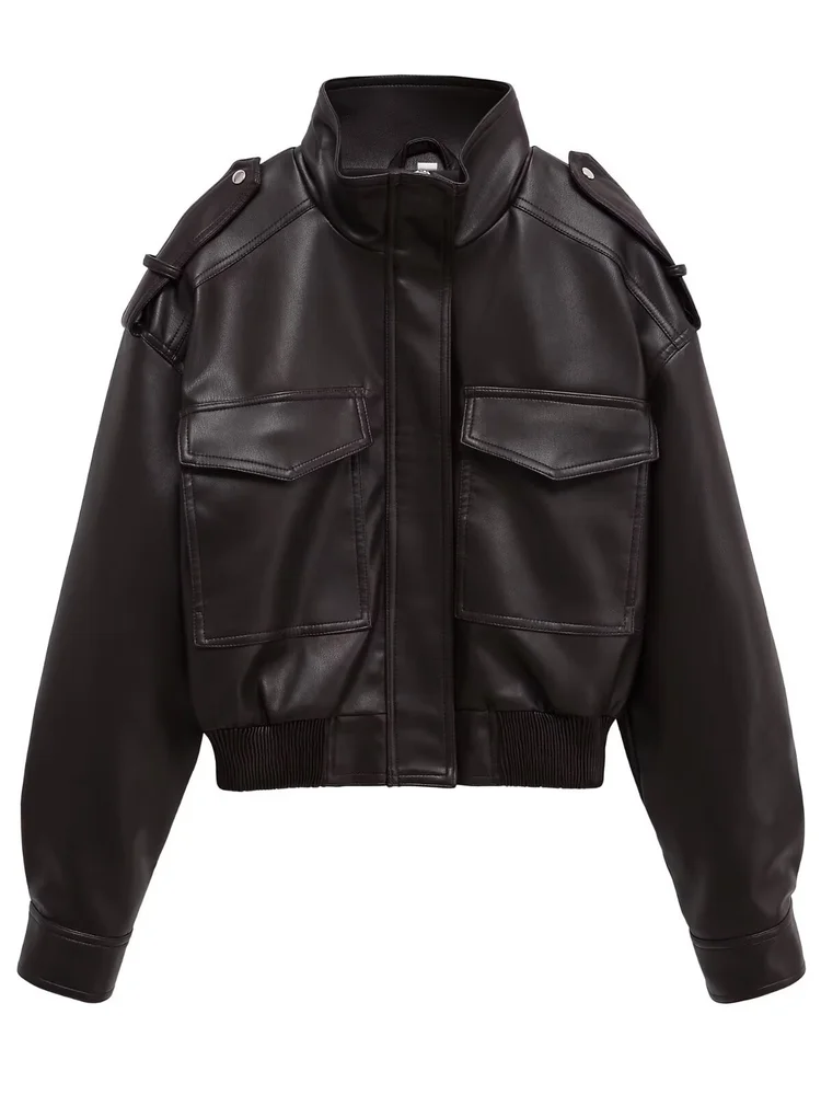 Damska kurtka skórzana, luźny krój, długi rękaw, stójka, styl pilotka, płaszcz sportowy, nowość na jesień, modna odzież damska.