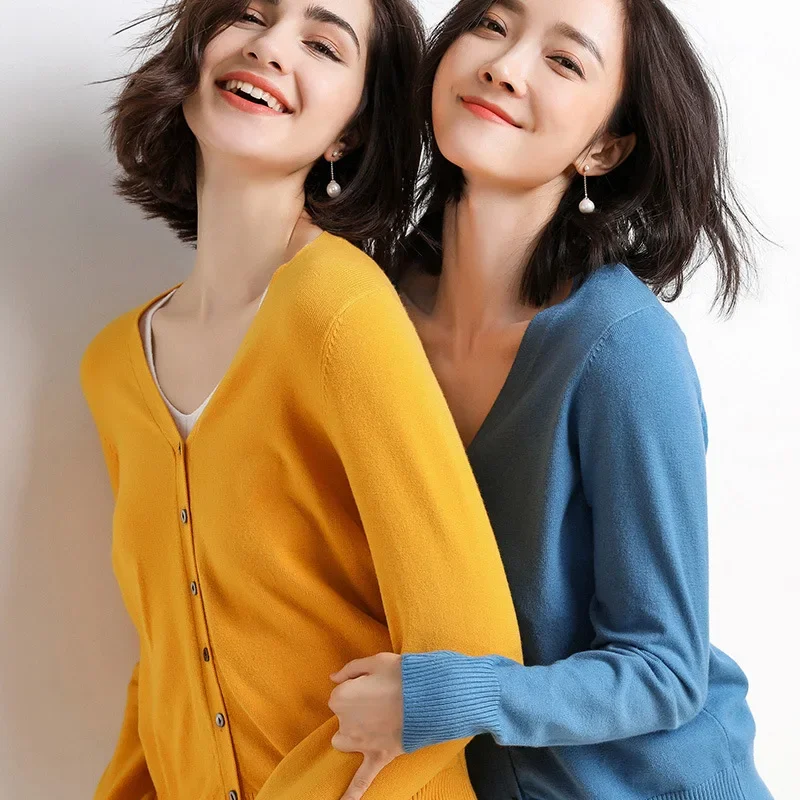 2025 à manches longues tricoté vêtements d'extérieur femmes Cardigans solide mince printemps automne chandails col en v tricots mode coréenne Cardigans