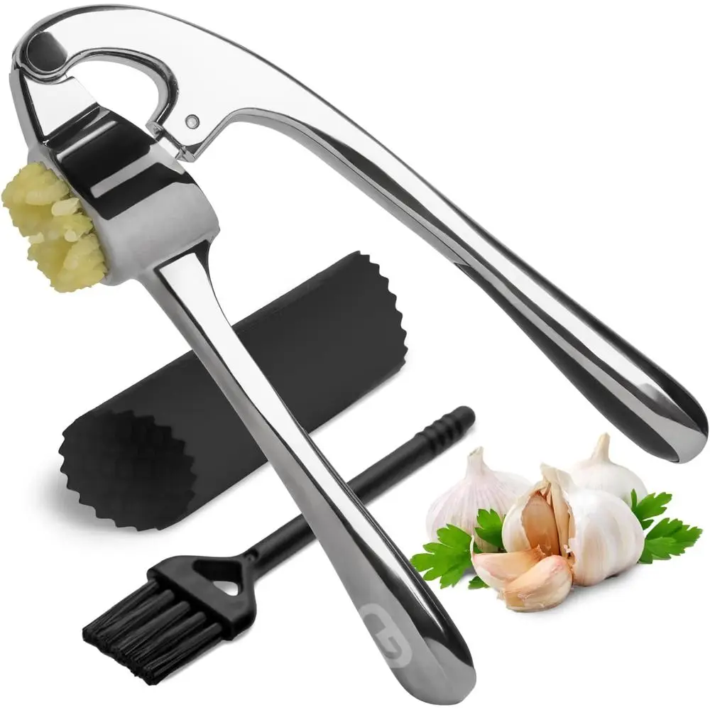 Ergonomic Garlic and Ginger Crusher with Peeler and Brush, Heavy Duty Zinc Alloy, Dishwasher Safe
