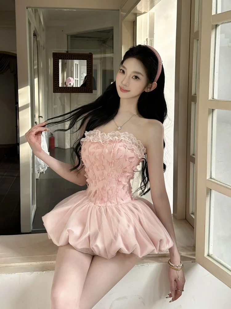 

Sweet Princess Style Lace Puffy Skirt Women's Spring Summer Pure Desire Waist Cinched Strapless Dress City Commute Date Casual