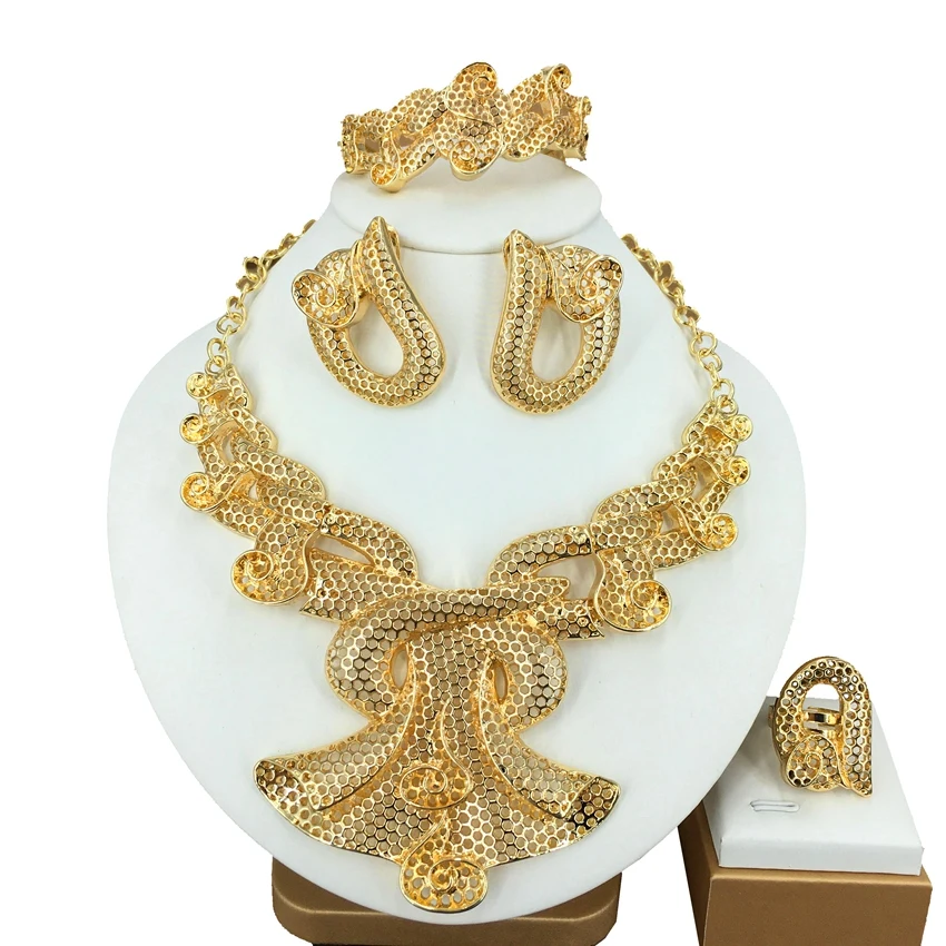 

Fashion Italian Gold Plated Ring Bracelet Earrings Jewelry Sets Big Dubai Style Necklace For Mama Party Gift FHK14500