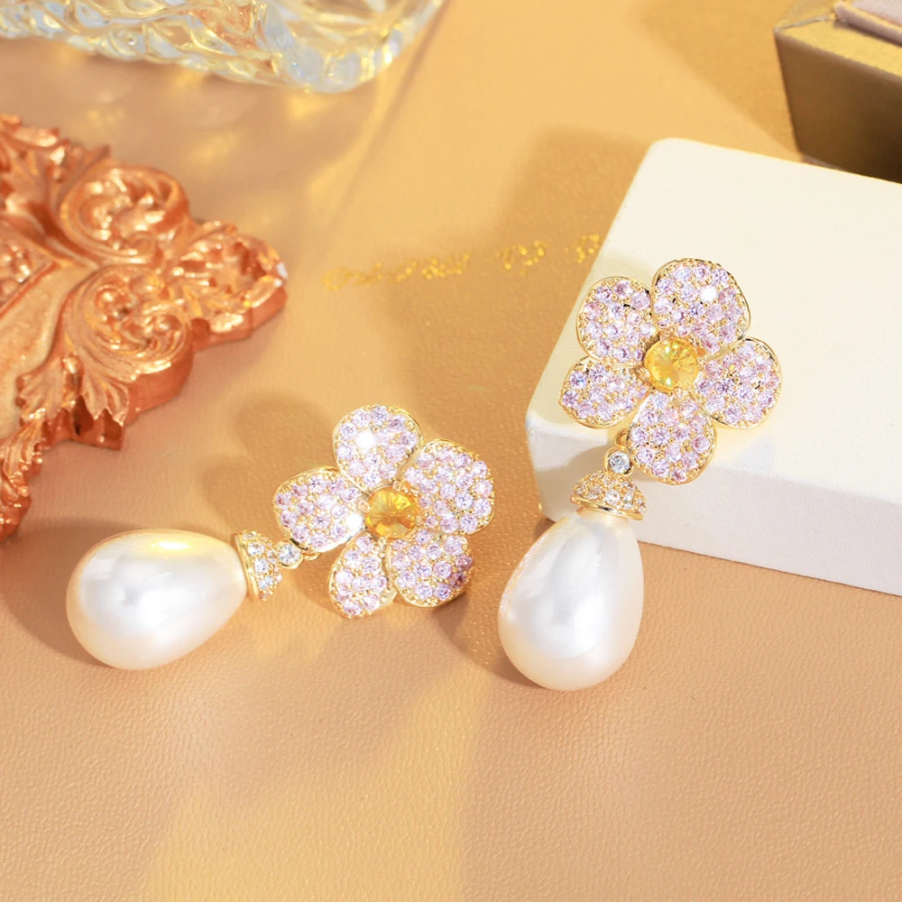 

ThreeGraces Elegant Pink Yellow Cubic Zirconia Flower Shape Simulated Pearl Drop Earrings for Women Fashion Party Jewelry E1801