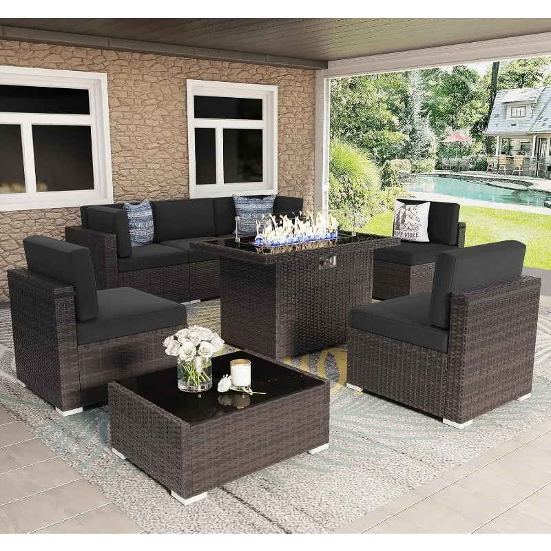 

8 Pieces Patio Furniture Set with 44" Propane Gas Fire Pit Table, Outdoor Sectional Brown Rattan Wicker Conversation Sofa Sets