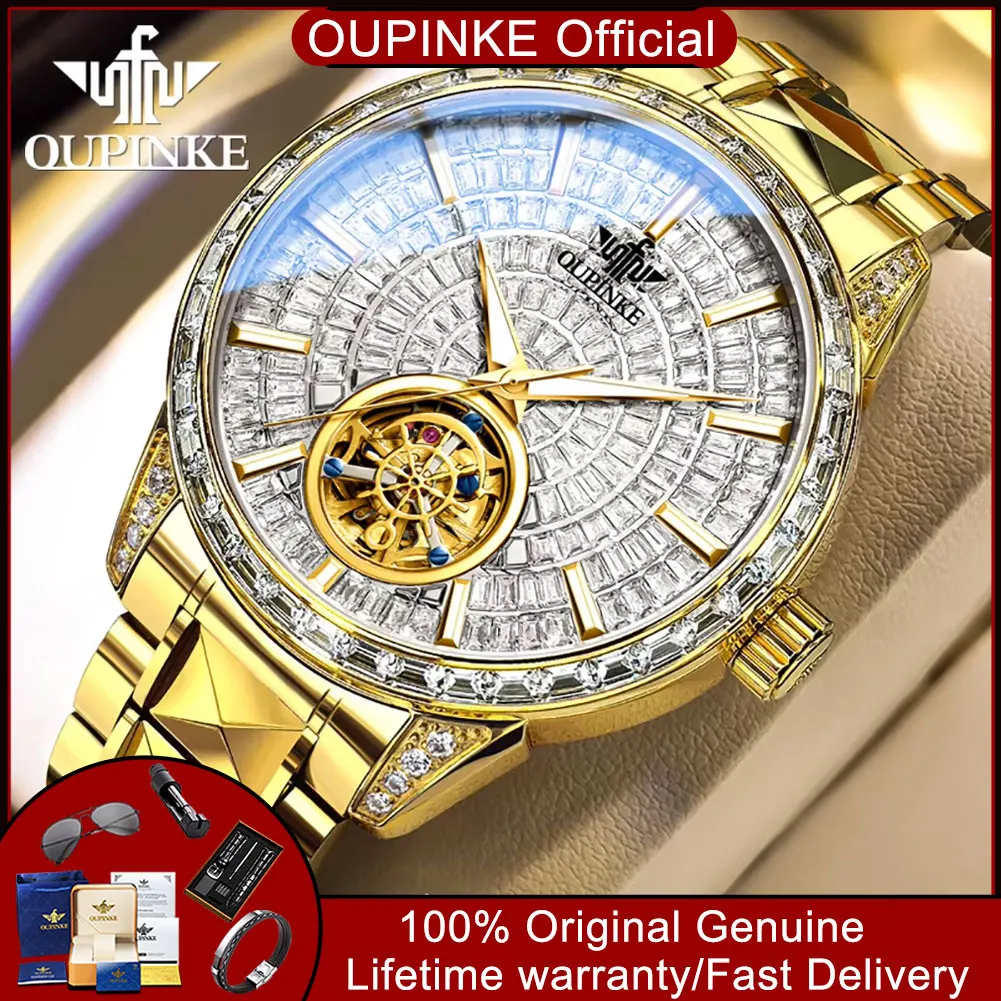 OUPINKE Full Diamond Automatic Watch for Men Top Luxury Original Tungsten Steel Hollowed Flywheel Mechanical Man Watch New 3321