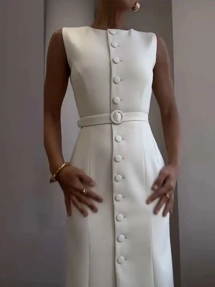 エレガントなシングルブレストタンクドレス女性ベルトノースリーブ O ネックスリム固体春ドレス通勤ストリートスプリットレディローブ B8QW