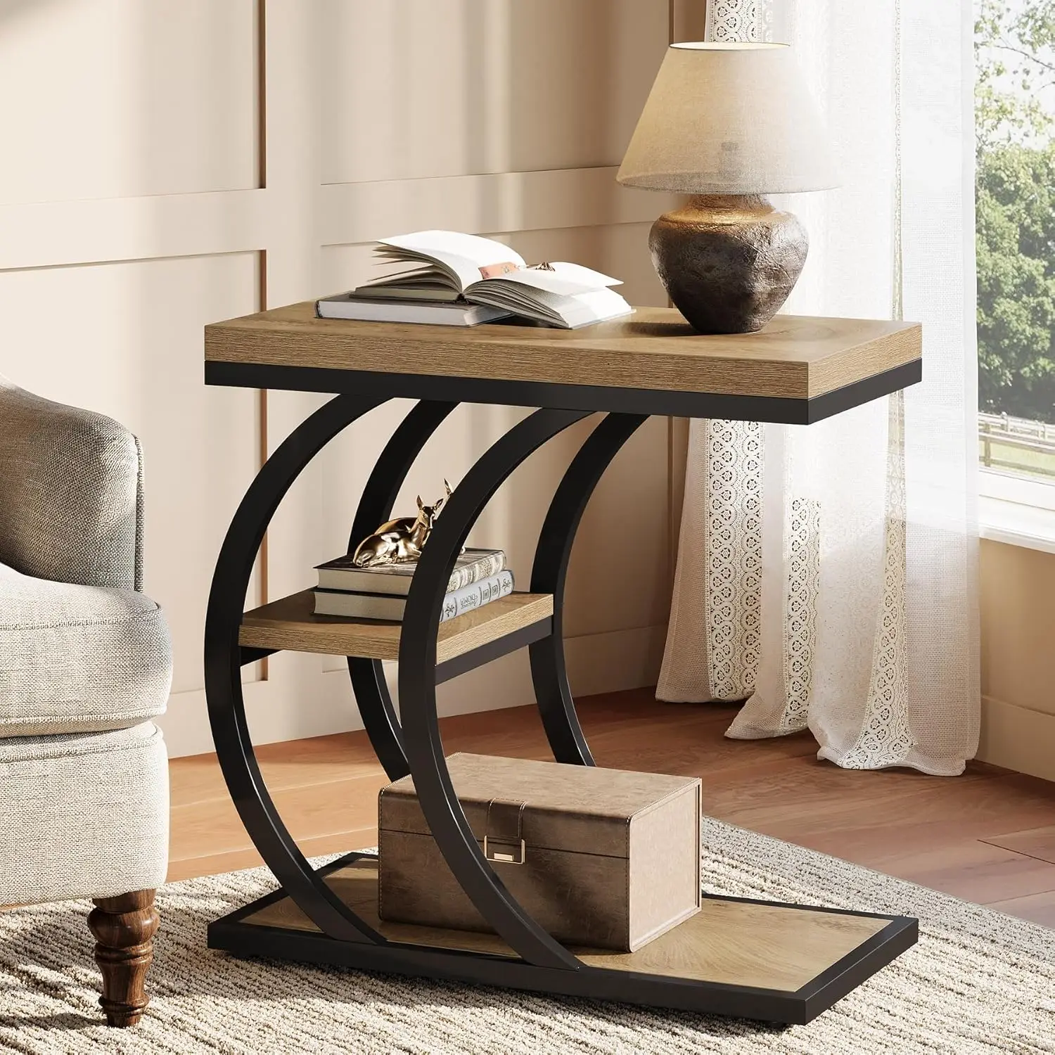 

3-Tier Narrow C-Shaped Side Table Wood Storage Industrial Nightstand Living Room Bedroom Small Space Natural Customized
