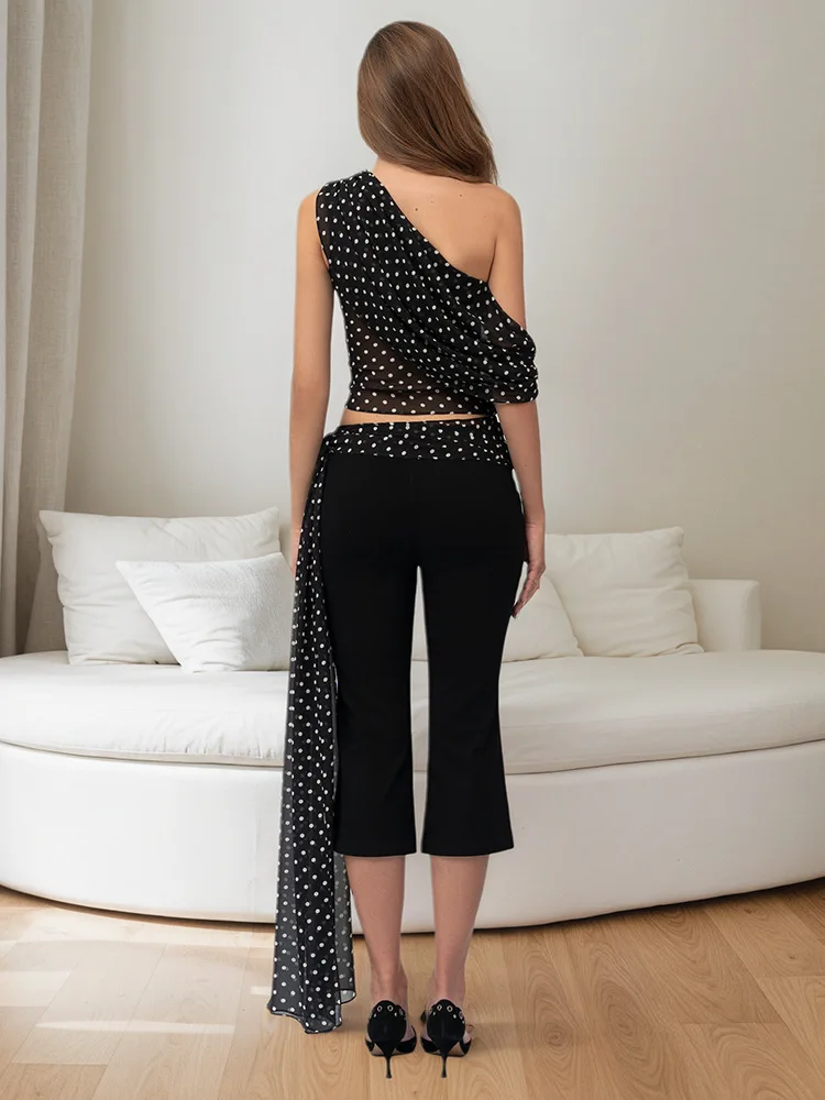 Blifanbo Set di pantaloni lunghi con spalla obliqua sexy per le donne Top corto senza maniche a pois estivi e pantaloni lunghi Set di due pezzi