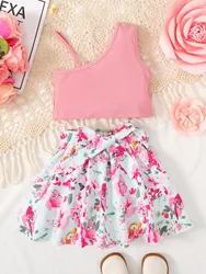 Two Piece Asymmetric Vest for Girls Paired with Tied Floral Skirt for Summer