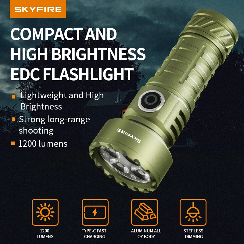2PCSkyfire Rechargeable LED Flashlight, 1200LM, Lightweight 96g Design, 3 Lighting Modes for Night Work and Hiking