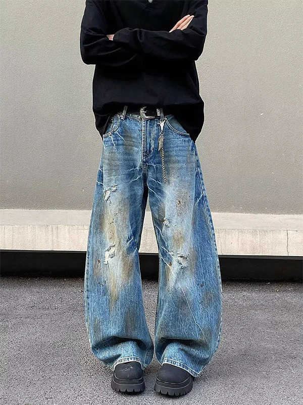 

Американские винтажные джинсы с эффектом потертости и прорезями, унисекс, прямые, свободные, в стиле High Street Fashion, повседневные брюки