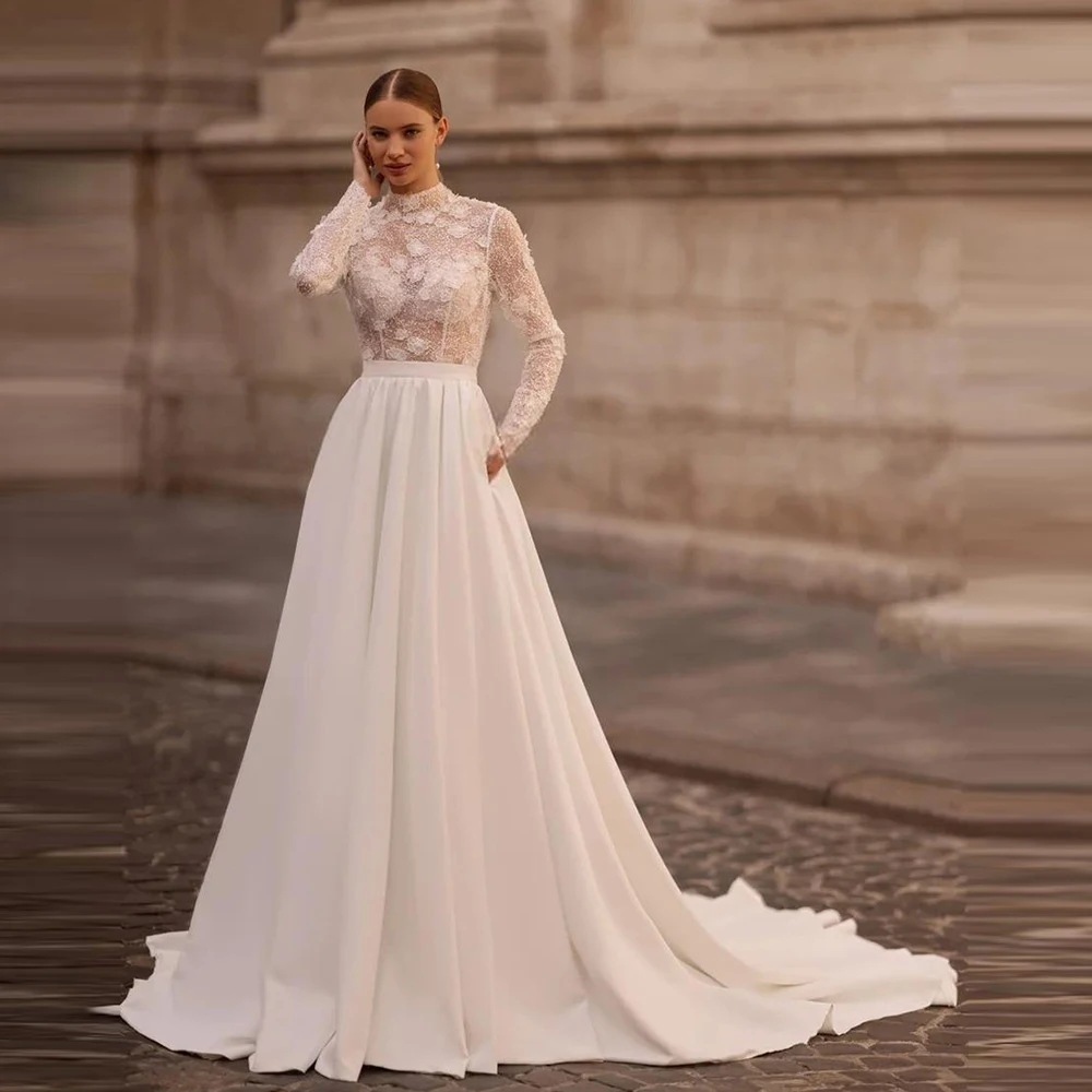 

High Neck Lace Satin Boho A-line Pockets Wedding Gown Open Back Long Puff Sleeve Beach Bridal Dress with Train Custom Made