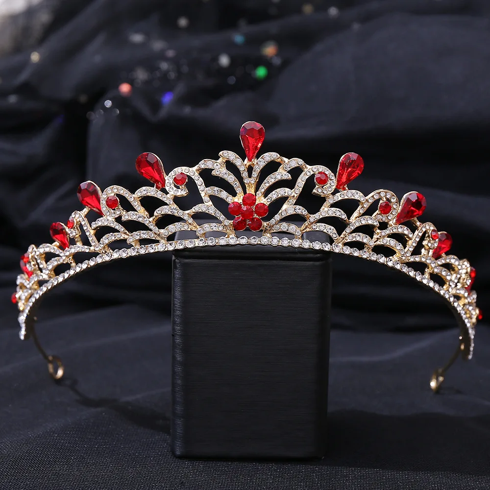 

New Wedding Birthday Headdress Headband Baroxson Leaf Alloy Inlaid Red Rhinestone Bride Small Crown