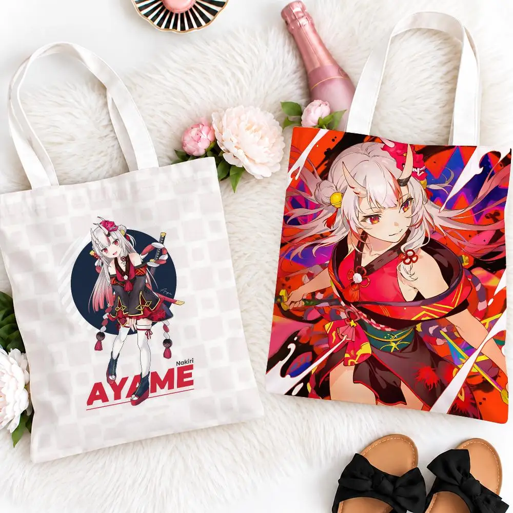 Kawaii Character N-Nakiri AyameS Storage Bags Eco Canvas Tote Odorless Reusable Double Print Shopping Bag