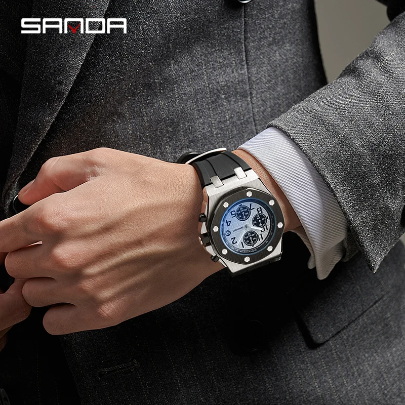 SANDA Sports Watches for Men Chronograph Waterproof Quartz Watch Top Brand Luxury Luminous Hands Silicone Strap Men Wristwatches