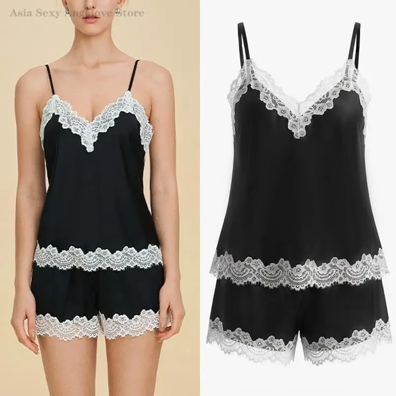 

Summer New Cami&Shorts Pajamas Set Sexy Lace Sleepwear Intimate Lingerie Silky Satin Homewear Loose Casual Night Wear Loungewear