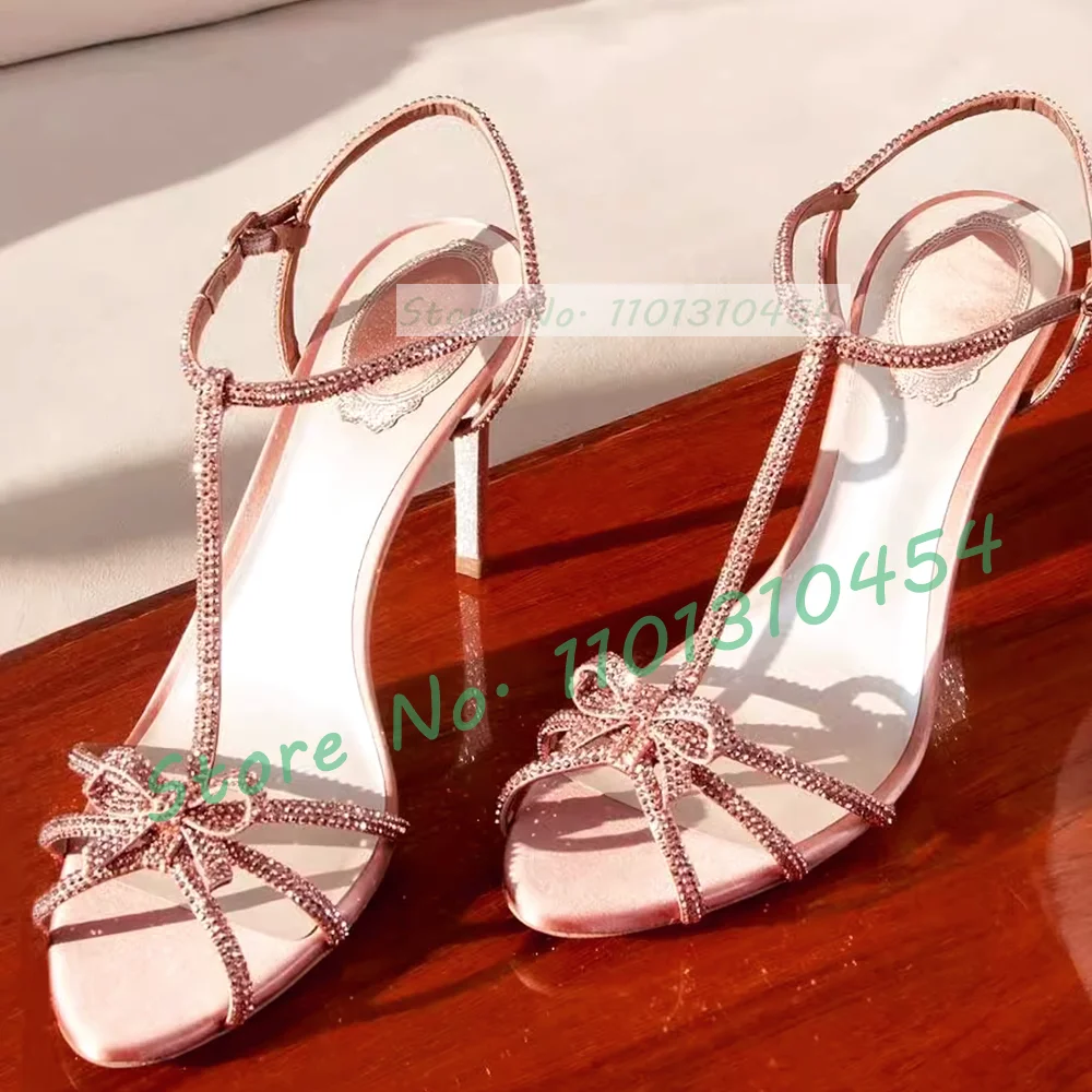 Crystal Bow T-bar Satin Sandals Women Glitter Sole Wedding Party Bridal Luxury High Heel Shoes Ladies Trending Open Toe Pumps