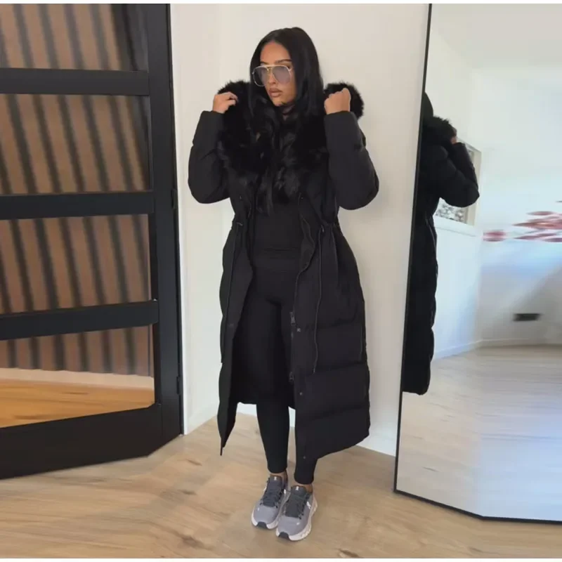 Langer Damen-Puffermantel mit Kunstfellkapuze, Kordelzug in der Taille, Reißverschluss, Knöpfe, dick, warm, Maxi-Steppjacke, Winter-Chic-Casual-Outfit 2026 – Detail 9