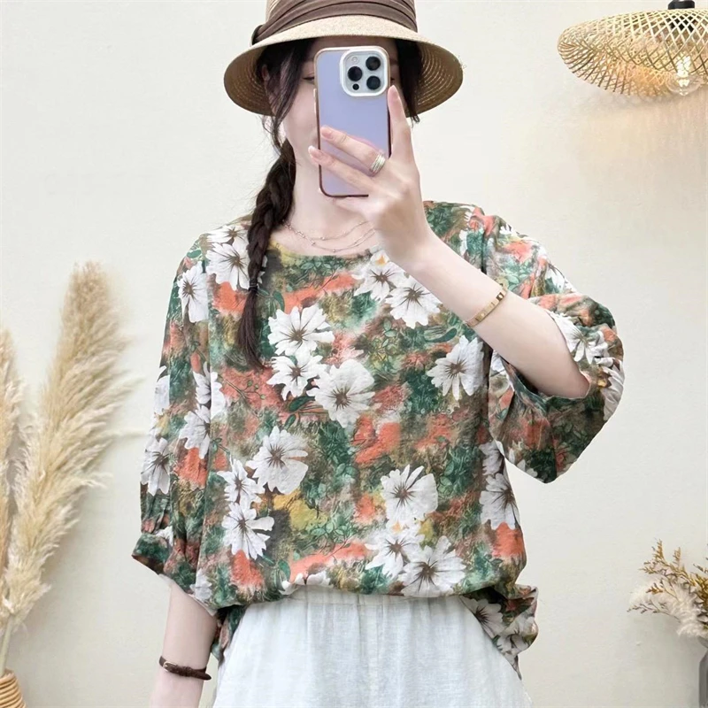 

Cotton Linen Blouse 2025 New Vintage Print Fashion Tops Women's Leisure Short Sleeves Shirt Women Blouses