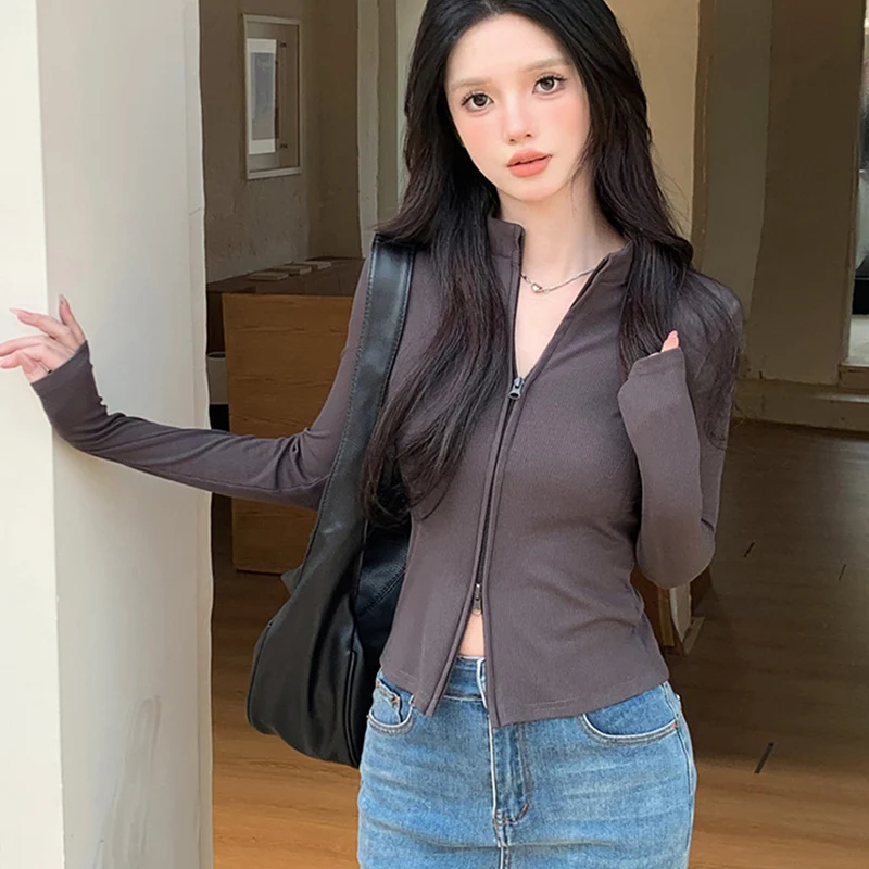 

Spring Autumn Fashion Double Zipper Cardigan Sweaters Women Casual Sports Stretch Skinny Top Chic Versatile Knitted Short Jacket