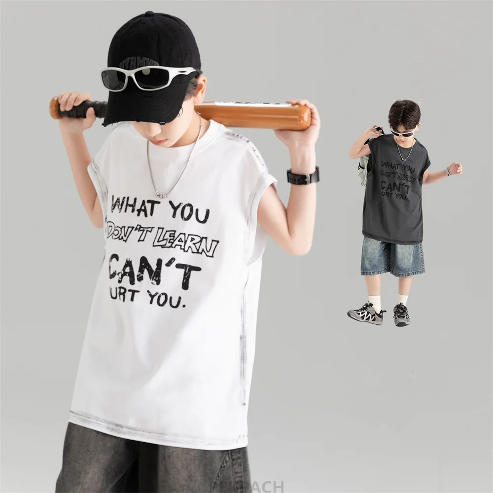 

Luxury Children's Cotton Sleeveless T-shirt with Letter Print for Boys Age 7 To 16 Years Kids Teenager Sports Tshirt Summer Tops