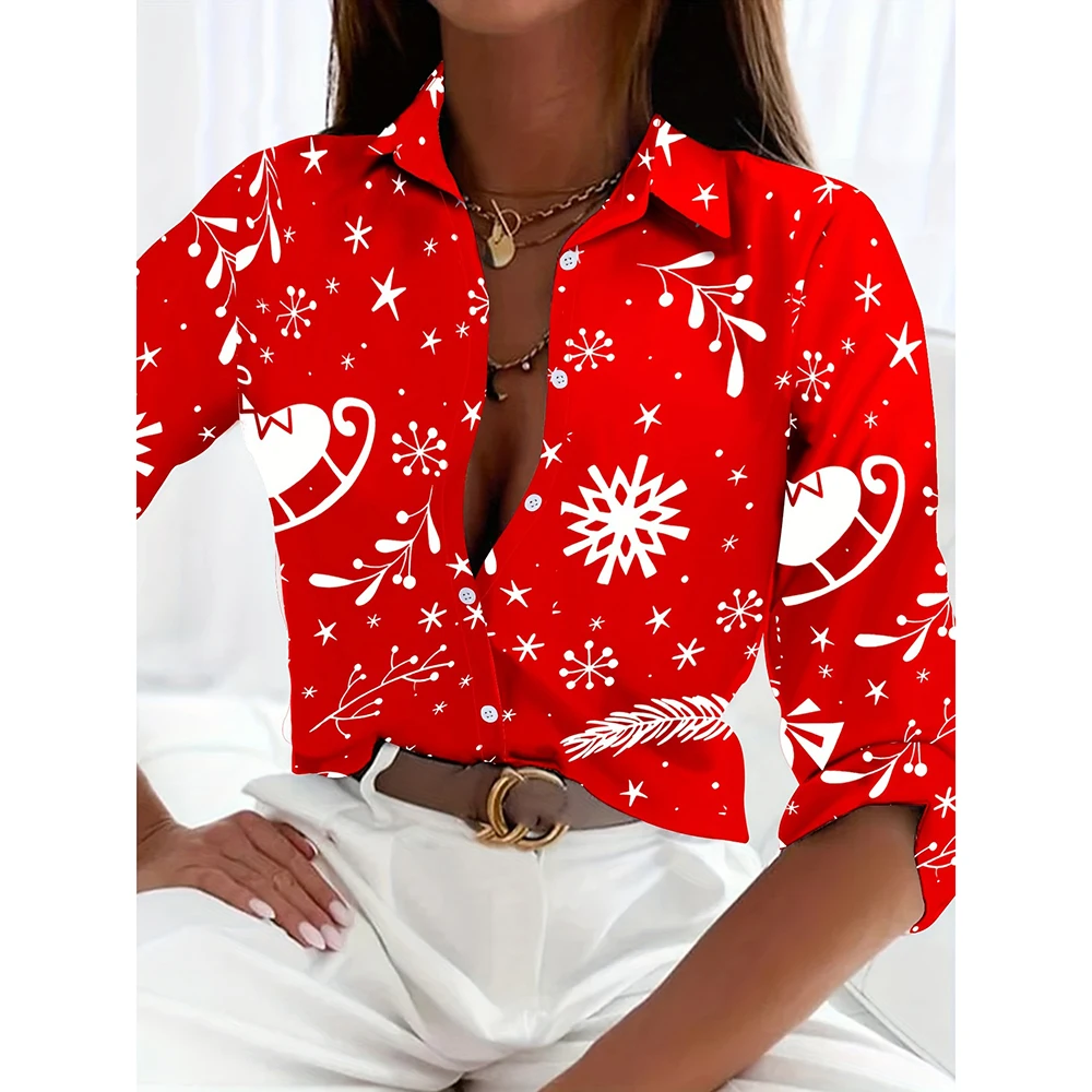 Women Blouse Christmas Allover Print Button Front Shirt Casual Long Sleeve Shirt For Spring & Fall Women\'s Hemp Fiber Clothing