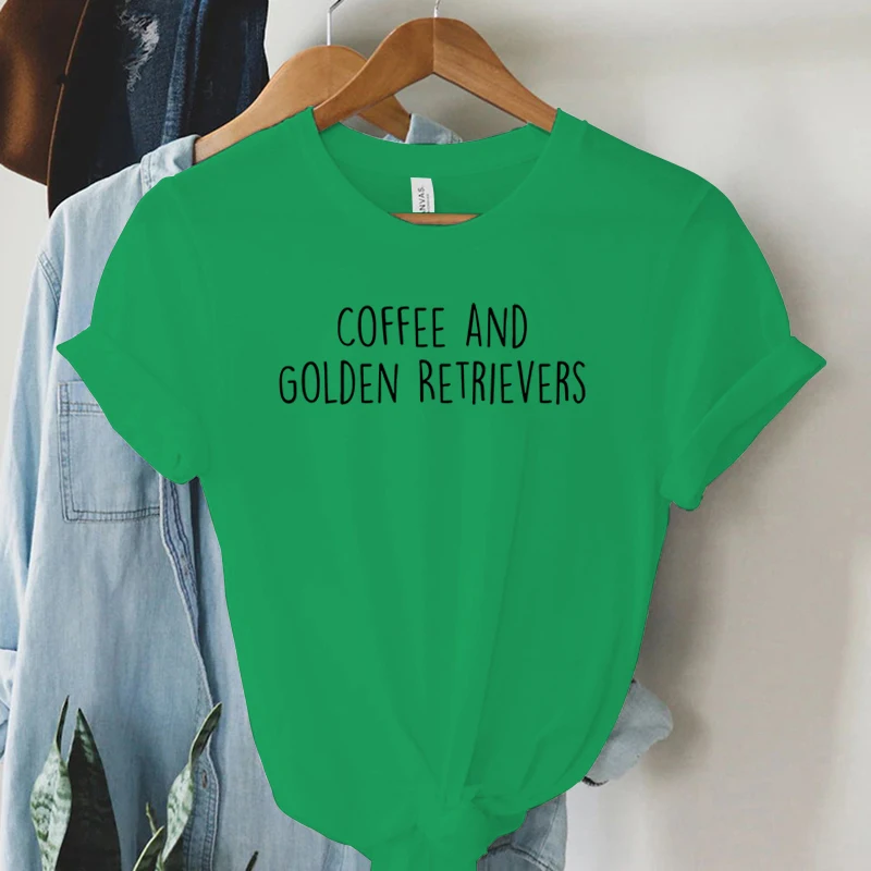 Coffee and Golden Retrievers Shirt Dog Lover Gift T-shirt Female Women\'s Clothing Round Neck Casual Tops Women\'s Clothing Sales