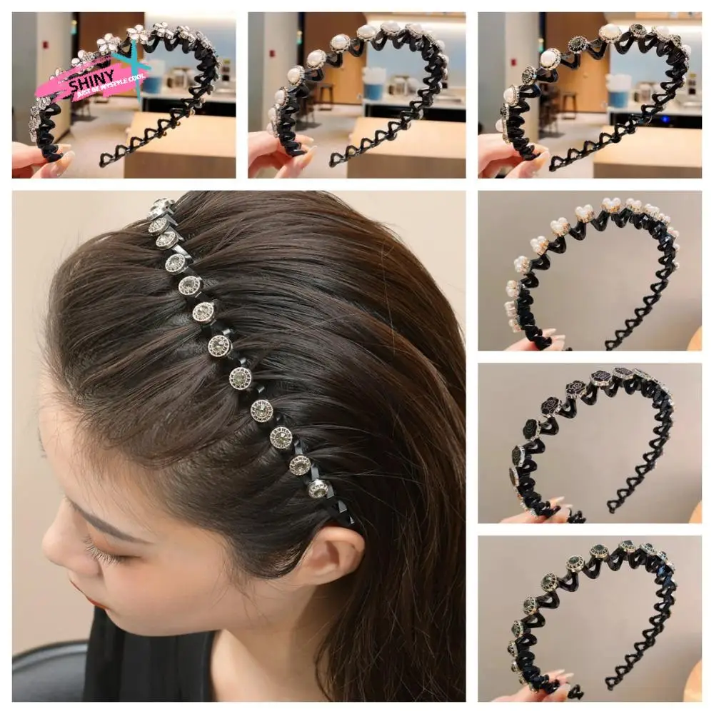 

Rhinestone Lazy Men Hair Braider Hair Hoops Flower Zircon Braided Tools Hairband Elegant Pearl Hair Toothed Headband