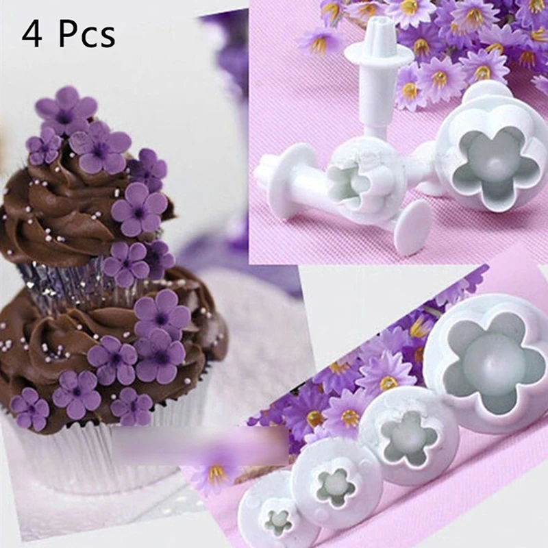 4Pcs Plum Flower Fondant Cake Cutter Plunger Cookie Mold Decorating Candy Mould