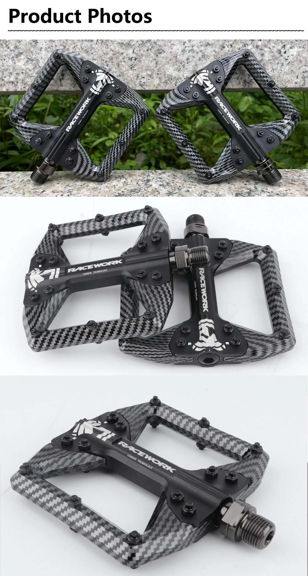 RACEWORK Bicycle Pedals 3 Bearings Mountain Road Bike Carbon Fiber Coating Ultralight Flat Pedal MTB Aluminum Alloy Nylon Pedal