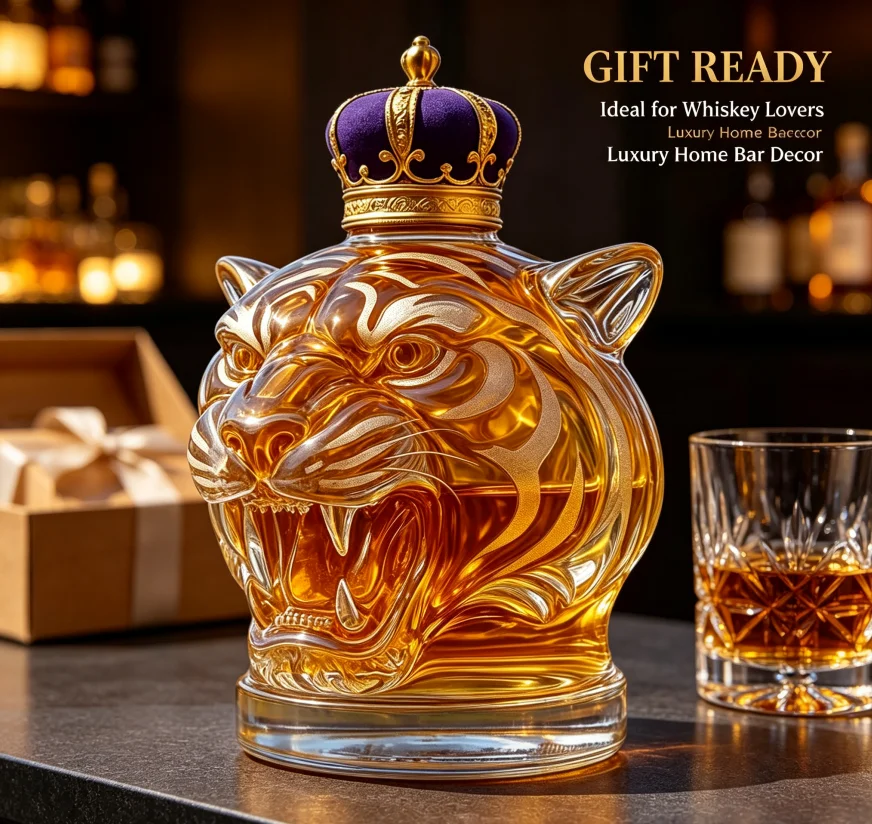 Creative Roaring Tiger Handmade Glass Decanter Clear Spirit Bottle with Crown Stopper for Home Bar Party Display
