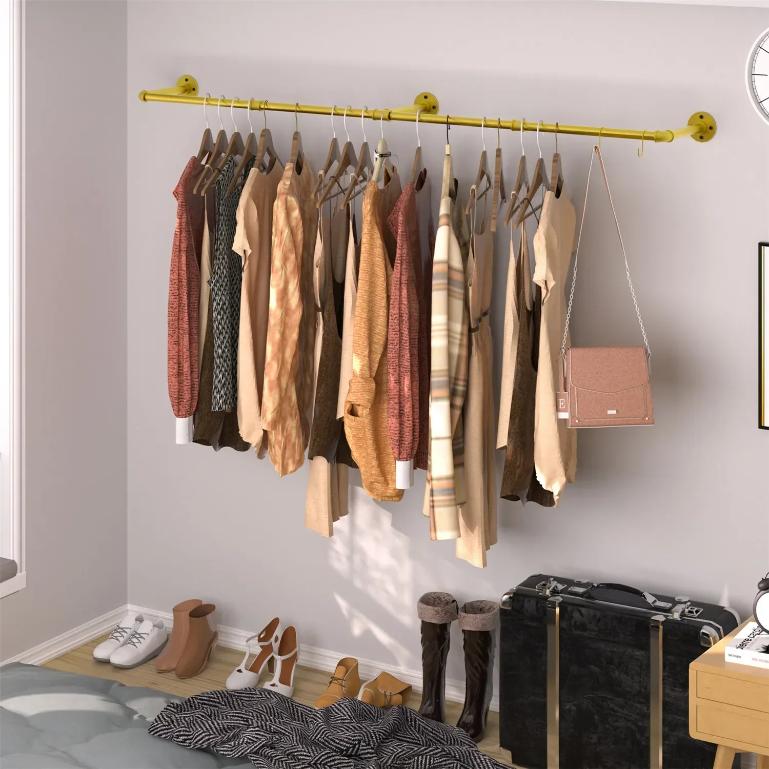 

z Industrial Pipe Clothes Hanging Rack: Wall Mounted Iron Clothing Storage Hanger Rod - Heavy Duty Multi-Purpose Metal Garment