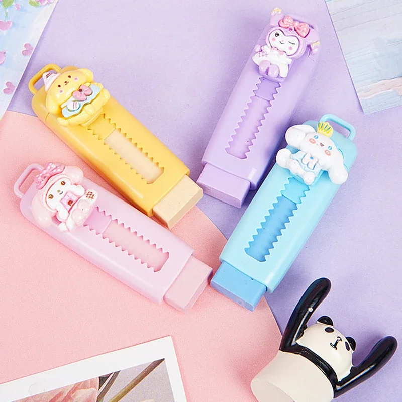 Kawaii Kuromi Mymelody Pencil Eraser Cute Cinnamoroll Purin Dog Pressed Retractable Pencil Eraser Student School Supplies Gifts