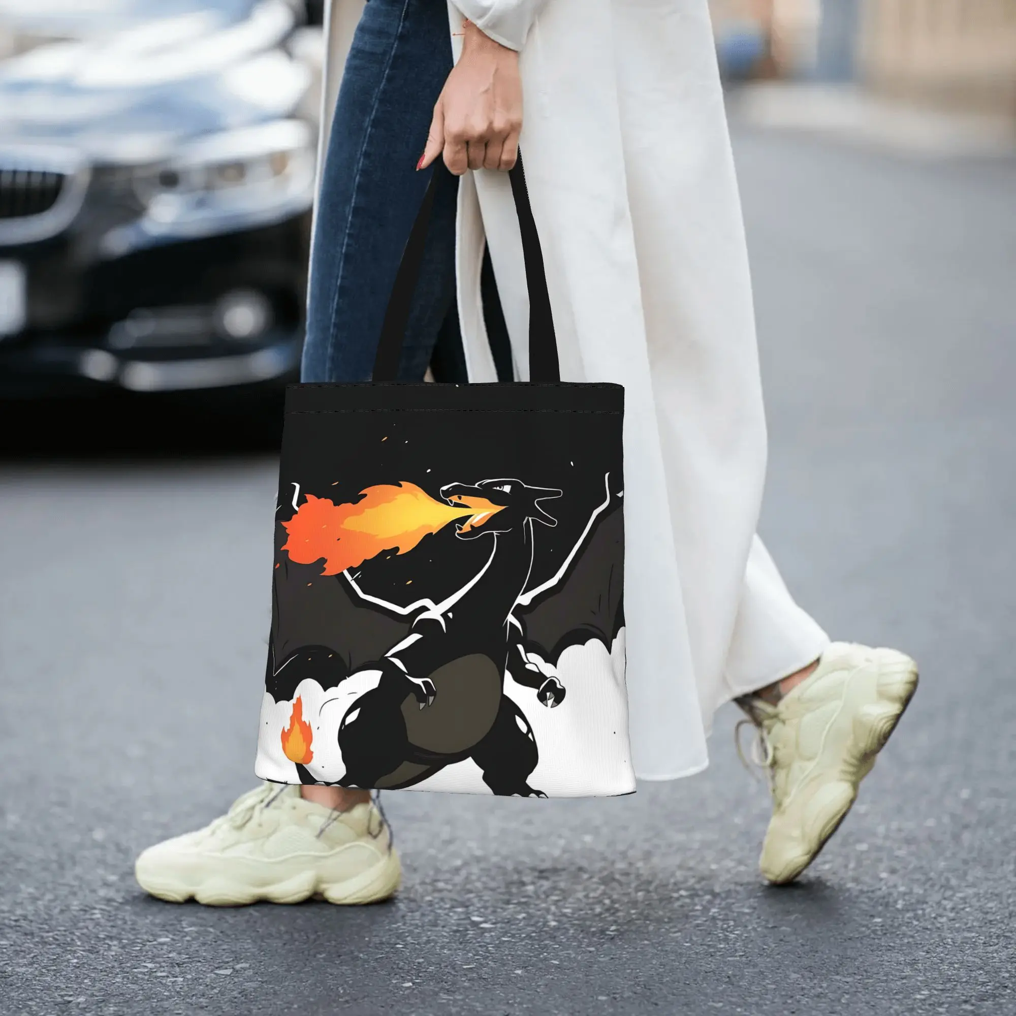 Customized Pokemon Women's Bag Shopping Bag Reusable Double Sided Canvas Tote Bag Shoulder Charizard Handbag