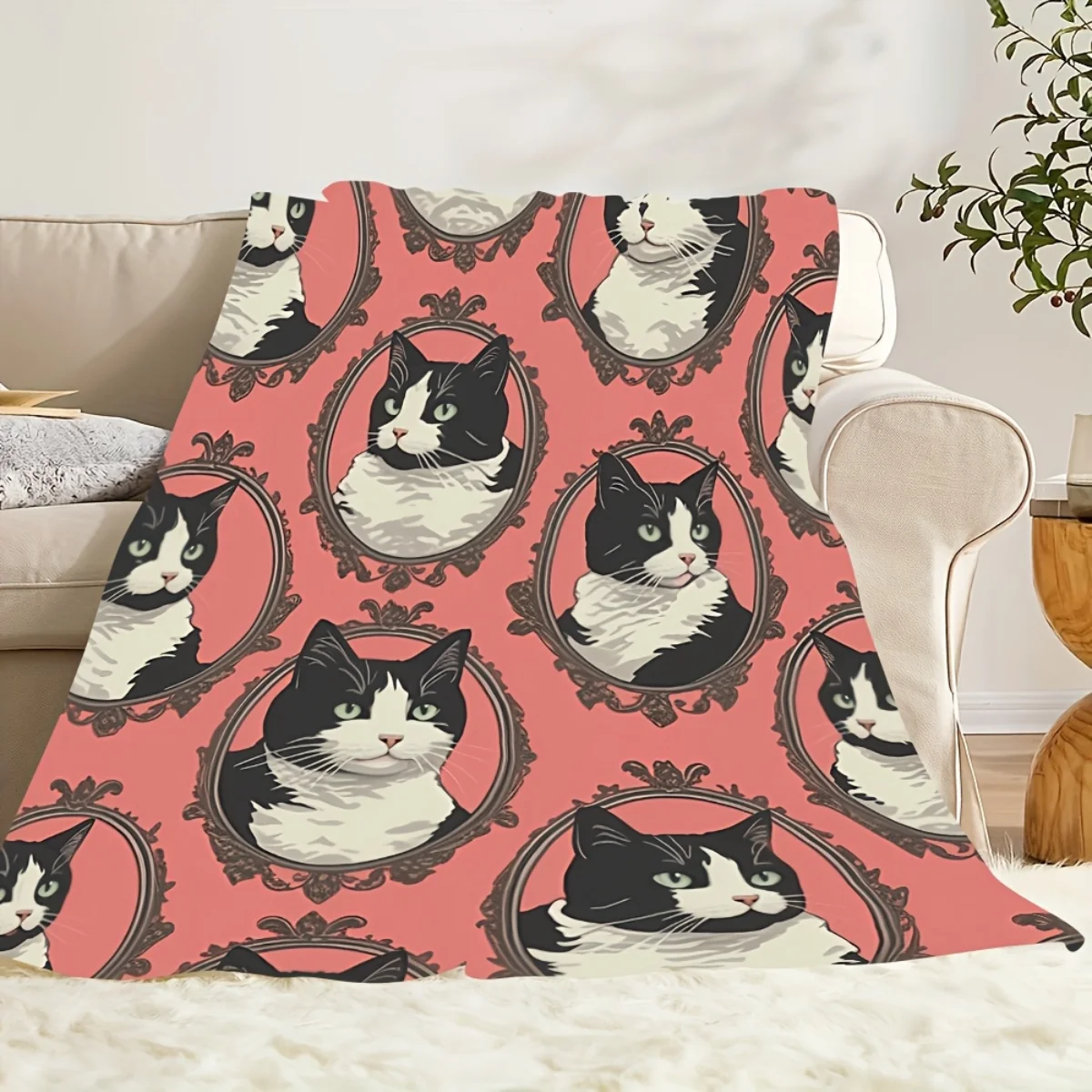 بطانية من الفلانيل بنمط صورة قطة باللونين الأبيض والأسود - ناعمة ودافئة، مثالية للتخييم والأرائك والأسرة والكراسي، #3
