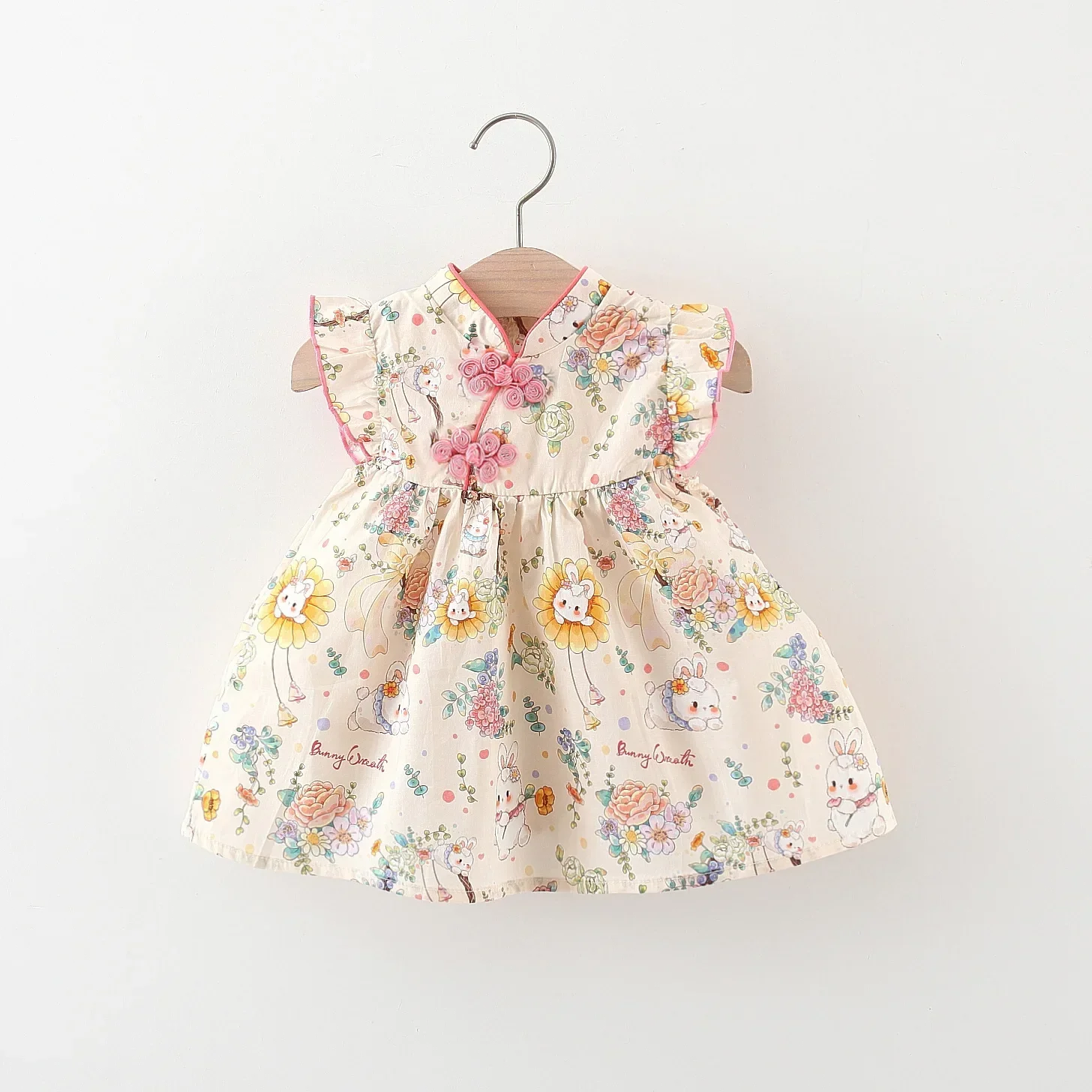 Chinese Style Summer New Girls\' Dress Small Flying Sleeve Small Rabbit Flowers Printed A-word Dress Exquisite Buttons